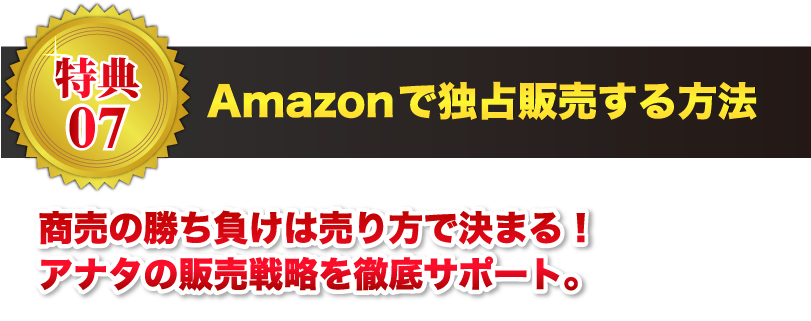 【特典07】Amazonで独占販売する方法 商売の勝ち負けは売り方で決まる！アナタの販売戦略を徹底サポート。