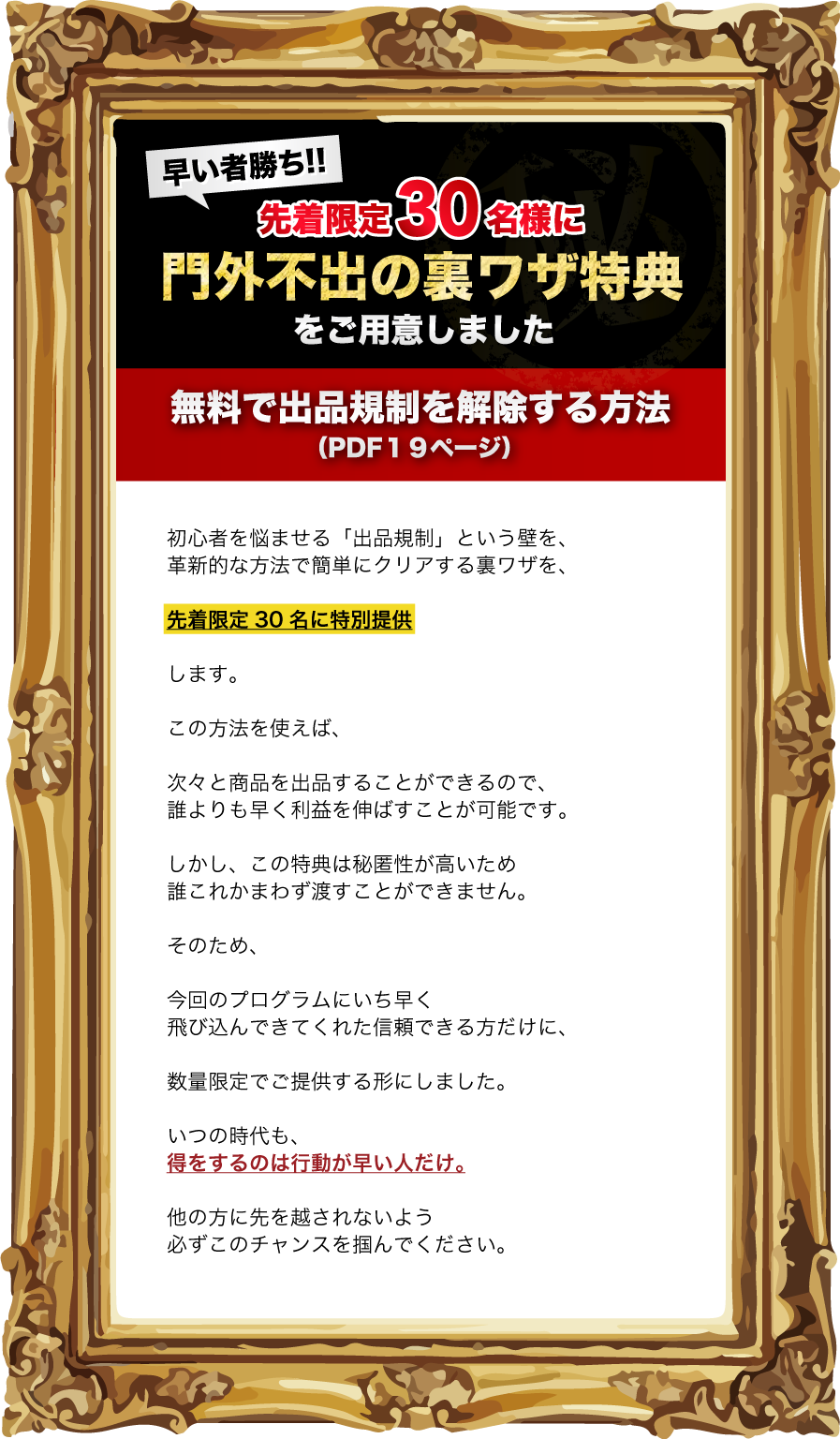 早い者勝ち！！先着限定３０名様に門外不出の裏ワザ特典をご用意しました。無料で出品規制を解除する方法（PDF１９ページ）